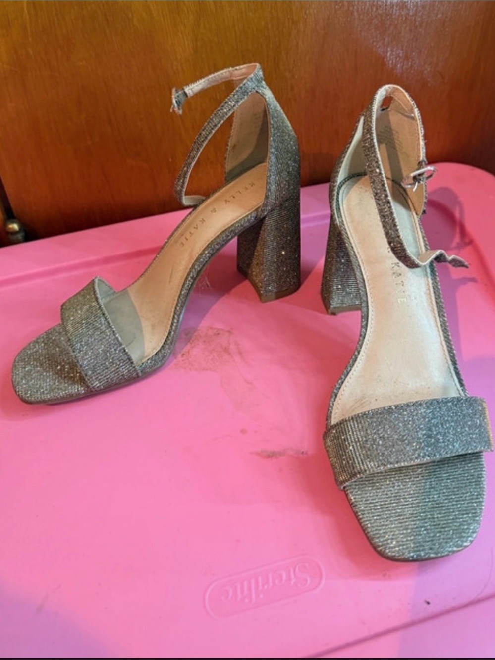 Gold sparkle ankle strap heels